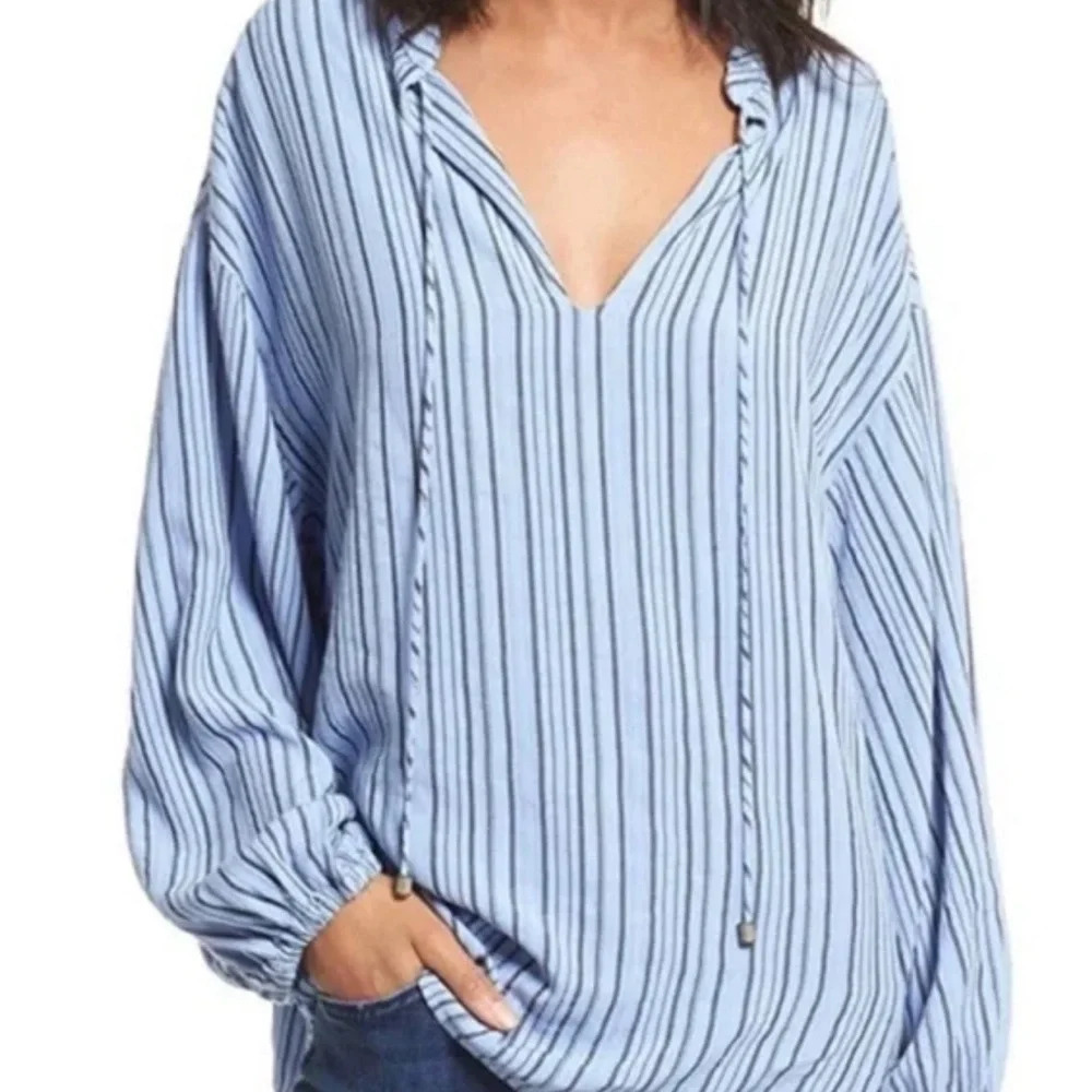 Free People Rhythm Of The Night Striped Tunic Blouse Blue Medium